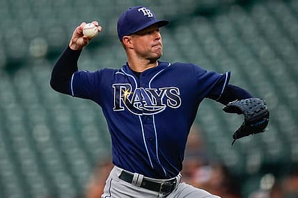 Jul 25, 2022; Baltimore, Maryland, USA;  Tampa Bay Rays starting pitcher Corey Kluber (28) throws a first inning pitch against the Baltimore Orioles at Oriole Park at Camden Yards. Mandatory Credit: Tommy Gilligan-USA TODAY Sports