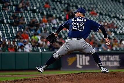 Jul 25, 2022; Baltimore, Maryland, USA; Tampa Bay Rays starting pitcher Corey Kluber (28) throws a second inning pitch against the Baltimore Orioles  at Oriole Park at Camden Yards. Mandatory Credit: Tommy Gilligan-USA TODAY Sports