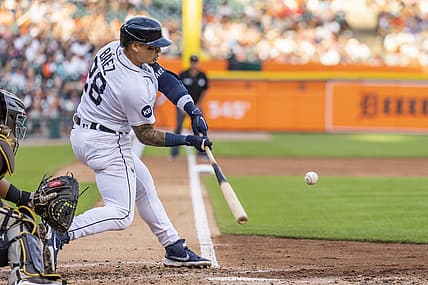 Jul 25, 2022; Detroit, Michigan, USA; Detroit Tigers shortstop Javier Baez (28) hits a sacrifice fly during the third inning against the San Diego Padres at Comerica Park. Mandatory Credit: Raj Mehta-USA TODAY Sports
