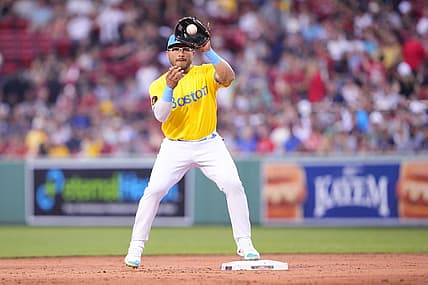 Jul 25, 2022; Boston, Massachusetts, USA; Boston Red Sox second baseman Yolmer Sanchez (47) catches a throw to record an out against the Cleveland Guardians during the third inning at Fenway Park. Mandatory Credit: Gregory Fisher-USA TODAY Sports