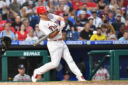 Jul 25, 2022; Philadelphia, Pennsylvania, USA; Philadelphia Phillies catcher J.T. Realmuto (10) hits an RBI single during the third inning at Citizens Bank Park. Mandatory Credit: Eric Hartline-USA TODAY Sports