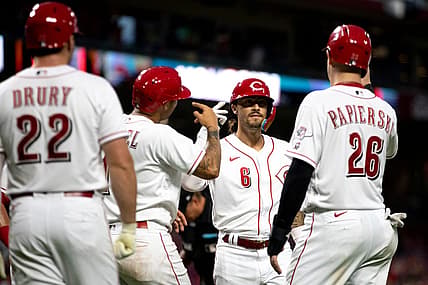 Cincinnati Reds second baseman Jonathan India (6) high fives Cincinnati Reds center fielder Nick Senzel (15) and Cincinnati Reds catcher Michael Papierski (26) after hitting a grand slam in the fifth inning of the MLB baseball game between the Cincinnati Reds and the Miami Marlins at Great American Ball Park in Cincinnati on Monday, July 25, 2022.

Miami Marlins At Cincinnati Reds 104