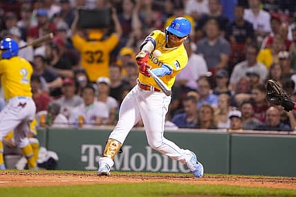 Jul 25, 2022; Boston, Massachusetts, USA; Boston Red Sox left fielder Alex Verdugo (99) hits an RBI double against the Cleveland Guardians during the sixth inning at Fenway Park. Mandatory Credit: Gregory Fisher-USA TODAY Sports