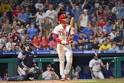 Jul 25, 2022; Philadelphia, Pennsylvania, USA; Philadelphia Phillies second baseman Bryson Stott (5) watches his three run home run against the Atlanta Braves during the eighth inning at Citizens Bank Park. Mandatory Credit: Eric Hartline-USA TODAY Sports