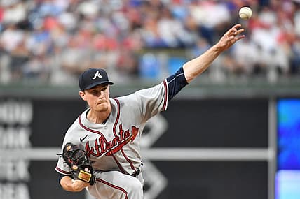 Jul 25, 2022; Philadelphia, Pennsylvania, USA; Atlanta Braves starting pitcher Max Fried (54) throws a pitch against the Philadelphia Phillies at Citizens Bank Park. Mandatory Credit: Eric Hartline-USA TODAY Sports