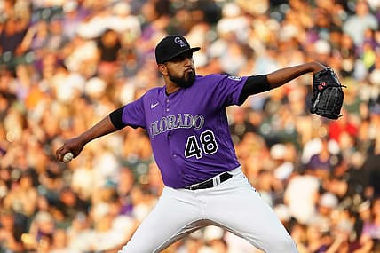 Jul 26, 2022; Denver, Colorado, USA;  Colorado Rockies starting pitcher German Marquez (48) delivers a pitch in the third inning against the Chicago White Sox at Coors Field. Mandatory Credit: Ron Chenoy-USA TODAY Sports