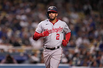Jul 26, 2022; Los Angeles, California, USA; Washington Nationals shortstop Luis Garcia (2) rounds the bases after hitting a two-run home run in the ninth inning against the Los Angeles Dodgers at Dodger Stadium. Mandatory Credit: Kirby Lee-USA TODAY Sports