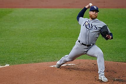Jul 27, 2022; Baltimore, Maryland, USA;  Tampa Bay Rays starting pitcher Drew Rasmussen (57) throws a first inning pitch against the Baltimore Orioles at Oriole Park at Camden Yards. Mandatory Credit: Tommy Gilligan-USA TODAY Sports