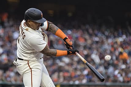 Jul 28, 2022; San Francisco, California, USA;  San Francisco Giants designated hitter Yermin Mercedes (6) hits a single against the Chicago Cubs during the second inning at Oracle Park. Mandatory Credit: John Hefti-USA TODAY Sports