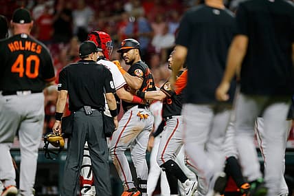 Benches and bullpens clear as Baltimore Orioles right fielder Anthony Santander (25) is hit by a pitch from Cincinnati Reds relief pitcher Dauri Moreta (55) in the ninth inning of the MLB Interleague game between the Cincinnati Reds and the Baltimore Orioles at Great American Ball Park in downtown Cincinnati on Friday, July 29, 2022. The Orioles scored four runs in the top of the ninth to secure a 6-2 win over the Reds.

Baltimore Orioles At Cincinnati Reds