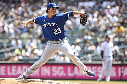 Jul 31, 2022; Bronx, New York, USA;  Kansas City Royals starting pitcher Zack Greinke (23) pitches in the first inning against the New York Yankees at Yankee Stadium. Mandatory Credit: Wendell Cruz-USA TODAY Sports