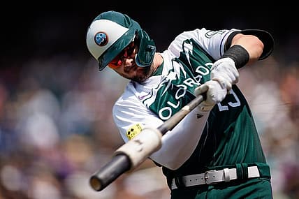 Jul 31, 2022; Denver, Colorado, USA; Colorado Rockies left fielder Kris Bryant (23) warms up on deck in the first inning against the Los Angeles Dodgers at Coors Field. Mandatory Credit: Isaiah J. Downing-USA TODAY Sports