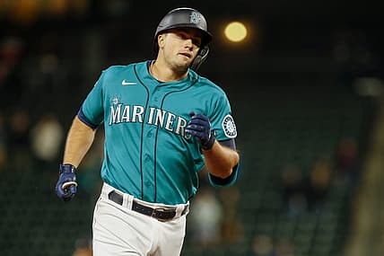 Apr 16, 2021; Seattle, Washington, USA; Seattle Mariners first baseman Evan White runs the bases after hitting a solo-home run against the Houston Astros during the eighth inning at T-Mobile Park. Mandatory Credit: Joe Nicholson-USA TODAY Sports
