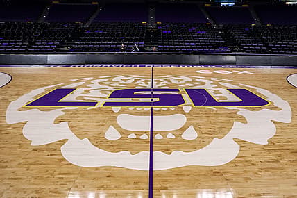 Feb 12, 2022; Baton Rouge, Louisiana, USA;  Detailed view of the mid court tiger logo before the game between the LSU Tigers and the Mississippi State Bulldogs at the Pete Maravich Assembly Center. Mandatory Credit: Stephen Lew-USA TODAY Sports