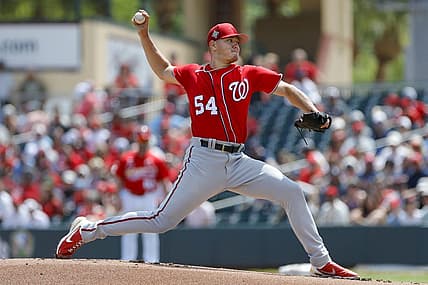Mar 25, 2022; Jupiter, Florida, USA; Washington Nationals starting pitcher Cade Cavalli (54) delivers a pitch in the first inning of the game against the St. Louis Cardinals during spring training at Roger Dean Stadium. Mandatory Credit: Sam Navarro-USA TODAY Sports