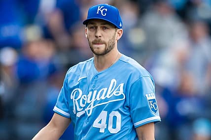 Apr 9, 2022; Kansas City, Missouri, USA;  Kansas City Royals relief pitcher Collin Snider (40) against the Cleveland Guardians at Kauffman Stadium. Mandatory Credit: Nick Tre. Smith (FLO)-USA TODAY Sports