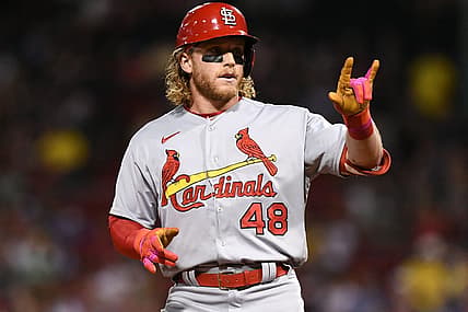 Jun 17, 2022; Boston, Massachusetts, USA; St. Louis Cardinals center fielder Harrison Bader (48) reacts after hitting a RBI triple against the Boston Red Sox during the ninth inning at Fenway Park. Mandatory Credit: Brian Fluharty-USA TODAY Sports