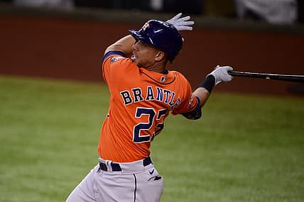 Jun 15, 2022; Arlington, Texas, USA; Houston Astros designated hitter Michael Brantley (23) in action during the game between the Texas Rangers and the Houston Astros at Globe Life Field. Mandatory Credit: Jerome Miron-USA TODAY Sports
