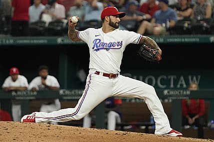 Jun 21, 2022; Arlington, Texas, USA; Texas Rangers relief pitcher Matt Bush (51) throws to the plate during the seventh inning against the Philadelphia Phillies at Globe Life Field. Mandatory Credit: Raymond Carlin III-USA TODAY Sports