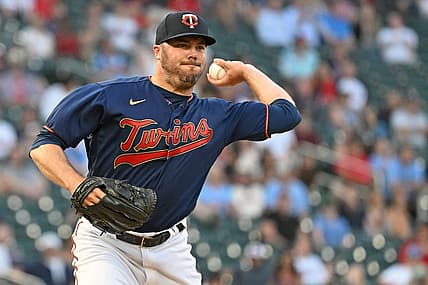 Jun 22, 2022; Minneapolis, Minnesota, USA;  Minnesota Twins relief pitcher Caleb Thielbar (56) commits a balk on a pick-off move to first resulting in the Cleveland Guardians scoring a run during the fifth inning at Target Field. Mandatory Credit: Nick Wosika-USA TODAY Sports
