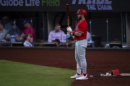 Jun 22, 2022; Arlington, Texas, USA; Philadelphia Phillies designated hitter Bryce Harper (3) during the game between the Texas Rangers and the Philadelphia Phillies at Globe Life Field. Mandatory Credit: Jerome Miron-USA TODAY Sports