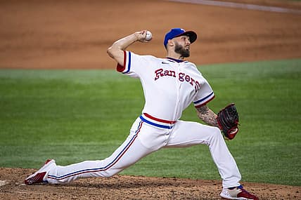 Jun 25, 2022; Arlington, Texas, USA; Texas Rangers relief pitcher Joe Barlow (68) pitches against the Washington Nationals during the ninth inning at Globe Life Field. Mandatory Credit: Jerome Miron-USA TODAY Sports
