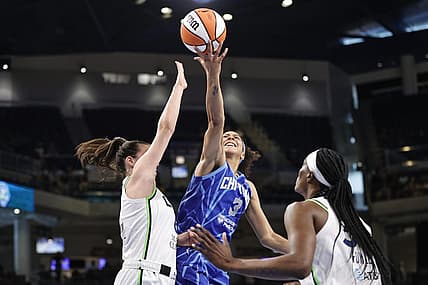 Jun 26, 2022; Chicago, Illinois, USA; Chicago Sky forward Candace Parker (3) shoots against the Minnesota Lynx during the first half of a WNBA game at Wintrust Arena. Mandatory Credit: Kamil Krzaczynski-USA TODAY Sports