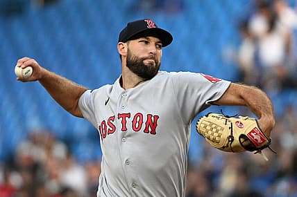 Jun 28, 2022; Toronto, Ontario, CAN;  Boston Red Sox starting pitcher Michael Wacha (52) delivers a pitch against the Toronto Blue Jays in the first inning at Rogers Centre. Mandatory Credit: Dan Hamilton-USA TODAY Sports