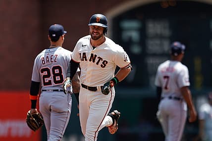Jun 29, 2022; San Francisco, California, USA; San Francisco Giants third baseman Evan Longoria (10) rounds the bases after hitting a solo run home run during the first inning against the Detroit Tigers at Oracle Park. Mandatory Credit: Sergio Estrada-USA TODAY Sports