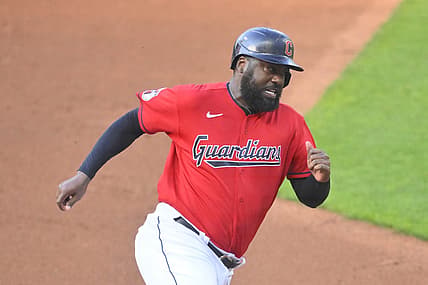 Jul 11, 2022; Cleveland, Ohio, USA; Cleveland Guardians designated hitter Franmil Reyes (32) rounds third base before scoring in the first inning against the Chicago White Sox at Progressive Field. Mandatory Credit: David Richard-USA TODAY Sports