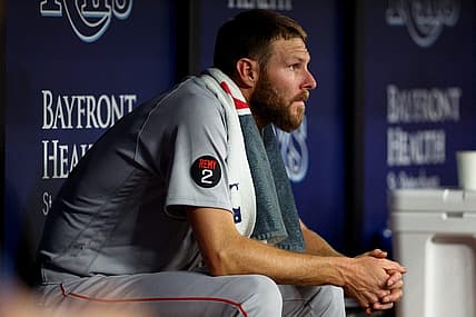 Jul 12, 2022; St. Petersburg, Florida, USA; Boston Red Sox starting pitcher Chris Sale (41) looks on from the bench in the fifth inning against the Tampa Bay Rays at Tropicana Field. Mandatory Credit: Nathan Ray Seebeck-USA TODAY Sports