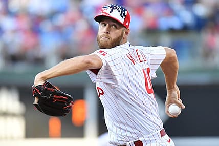 Jul 3, 2022; Philadelphia, Pennsylvania, USA; Philadelphia Phillies starting pitcher Zack Wheeler (45) against the St. Louis Cardinals at Citizens Bank Park. Mandatory Credit: Eric Hartline-USA TODAY Sports
