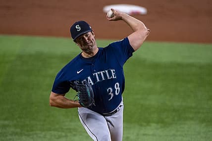 Jul 15, 2022; Arlington, Texas, USA; Seattle Mariners starting pitcher Robbie Ray (38) pitches against the Texas Rangers during the first inning at Globe Life Field. Mandatory Credit: Jerome Miron-USA TODAY Sports