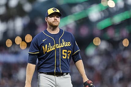 Jul 15, 2022; San Francisco, California, USA;  Milwaukee Brewers starting pitcher Brandon Woodruff (53) leaves the field after pitching against the San Francisco Giants during the third inning at Oracle Park. Mandatory Credit: John Hefti-USA TODAY Sports