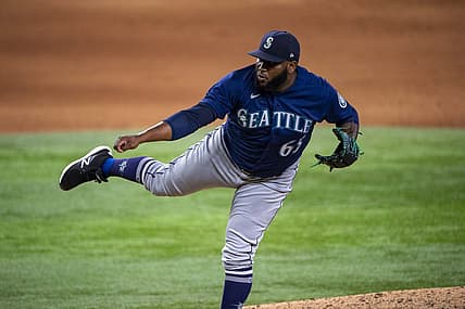 Jul 16, 2022; Arlington, Texas, USA; Seattle Mariners relief pitcher Diego Castillo (63) pitches against the Texas Rangers during the ninth inning at Globe Life Field. Mandatory Credit: Jerome Miron-USA TODAY Sports