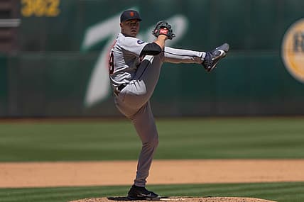 Jul 21, 2022; Oakland, California, USA;  Detroit Tigers starting pitcher Tarik Skubal (29) pitches during the fifth inning against the Oakland Athletics at RingCentral Coliseum. Mandatory Credit: Stan Szeto-USA TODAY Sports