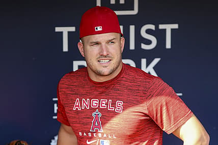 Jul 22, 2022; Atlanta, Georgia, USA; Los Angeles Angels center fielder Mike Trout (27) in the dugout before a game against the Atlanta Braves at Truist Park. Mandatory Credit: Brett Davis-USA TODAY Sports