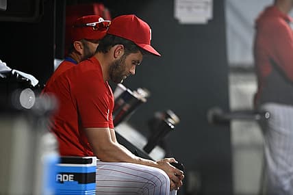 Jul 23, 2022; Philadelphia, Pennsylvania, USA; Philadelphia Phillies outfielder Bryce Harper (3) sits in the dugout during a game against the Chicago Cubs at Citizens Bank Park. Mandatory Credit: Kyle Ross-USA TODAY Sports