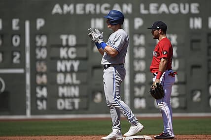 Jul 24, 2022; Boston, Massachusetts, USA;  Toronto Blue Jays third baseman Matt Chapman (26) reacts after hitting a double during the third inning against the Boston Red Sox at Fenway Park. Mandatory Credit: Bob DeChiara-USA TODAY Sports