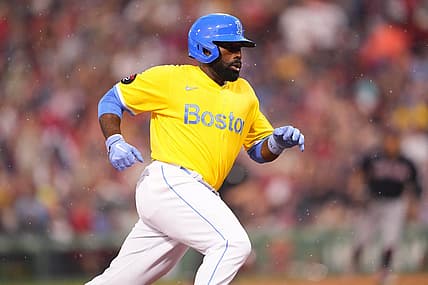 Jul 25, 2022; Boston, Massachusetts, USA; Boston Red Sox right fielder Jackie Bradley Jr. (19) rounds the bases and scores a run on an RBI single hit by second baseman Yolmer Sanchez (not pictured) against the Cleveland Guardians during the third inning at Fenway Park. Mandatory Credit: Gregory Fisher-USA TODAY Sports