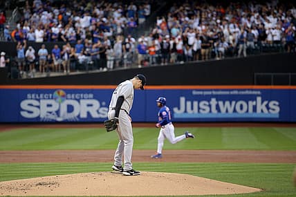 Jul 26, 2022; New York City, New York, USA; New York Mets third baseman Eduardo Escobar (10) rounds the bases after hitting a two run home run against New York Yankees starting pitcher Jordan Montgomery (47) during the first inning at Citi Field. Mandatory Credit: Brad Penner-USA TODAY Sports