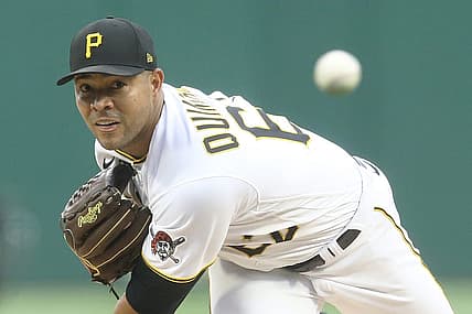 Jul 23, 2022; Pittsburgh, Pennsylvania, USA; Pittsburgh Pirates starting pitcher Jose Quintana (62) throws a warm-up pitch against the Miami Marlins during the first inning at PNC Park. Mandatory Credit: Charles LeClaire-USA TODAY Sports