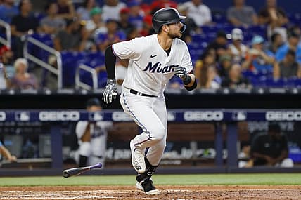 Jul 31, 2022; Miami, Florida, USA; Miami Marlins third baseman Charles Leblanc (83) runs the bases after hitting a double during the fifth inning against the New York Mets at loanDepot Park. Mandatory Credit: Sam Navarro-USA TODAY Sports