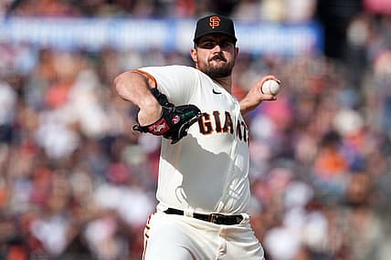 Jul 31, 2022; San Francisco, California, USA; San Francisco Giants starting pitcher Carlos Rodon (16) throws a pitch against the Chicago Cubs during the fourth inning at Oracle Park. Mandatory Credit: Darren Yamashita-USA TODAY Sports