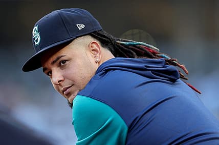 Aug 1, 2022; Bronx, New York, USA; Seattle Mariners starting pitcher Luis Castillo (21) in the dugout during the first inning against the New York Yankees at Yankee Stadium. Mandatory Credit: Brad Penner-USA TODAY Sports