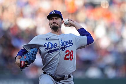 Aug 1, 2022; San Francisco, California, USA;  Los Angeles Dodgers starting pitcher Andrew Heaney (28) throws a pitch during the first inning against the San Francisco Giants at Oracle Park. Mandatory Credit: Sergio Estrada-USA TODAY Sports