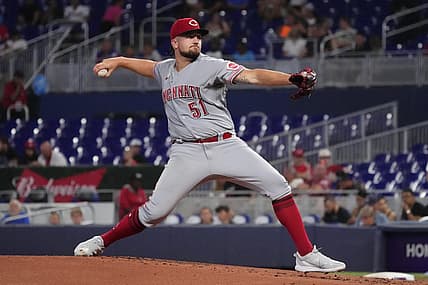Aug 2, 2022; Miami, Florida, USA; Cincinnati Reds starting pitcher Graham Ashcraft (51) delivers a pitch in the first inning against the Miami Marlins at loanDepot park. Mandatory Credit: Jasen Vinlove-USA TODAY Sports