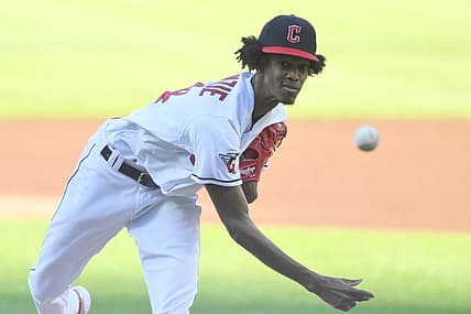 Aug 2, 2022; Cleveland, Ohio, USA; Cleveland Guardians starting pitcher Triston McKenzie (24) delivers a pitch in the first inning against the Arizona Diamondbacks at Progressive Field. Mandatory Credit: David Richard-USA TODAY Sports