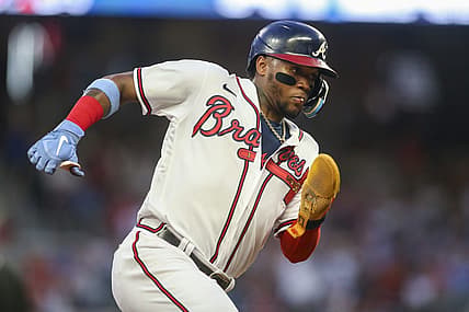 Aug 2, 2022; Atlanta, Georgia, USA; Atlanta Braves right fielder Ronald Acuna Jr. (13) rounds third against the Philadelphia Phillies in the third inning at Truist Park. Mandatory Credit: Brett Davis-USA TODAY Sports