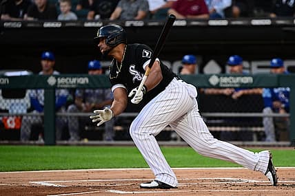 Aug 2, 2022; Chicago, Illinois, USA; Chicago White Sox first baseman Jose Abreu (79) hits a RBI single in the first inning against the Kansas City Royals at Guaranteed Rate Field. Mandatory Credit: Quinn Harris-USA TODAY Sports